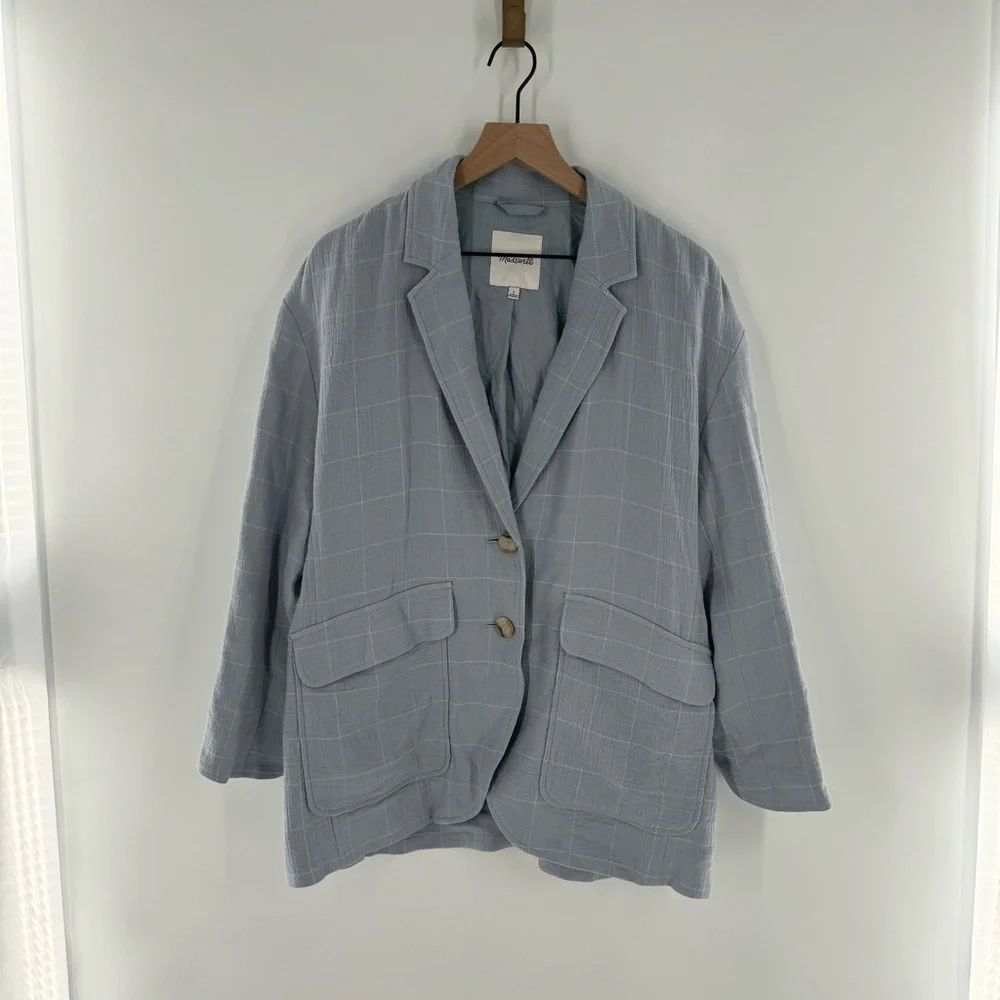 Madewell Larsen Blazer Cotton-Linen Relaxed‎ in Windowpane Blue Size Large